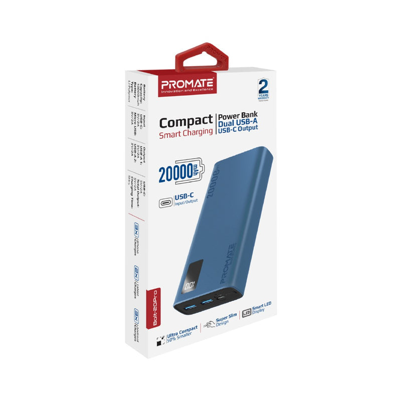 20000 mAh Compact Smart Charging Power Bank with dual USB-A and USB-C output