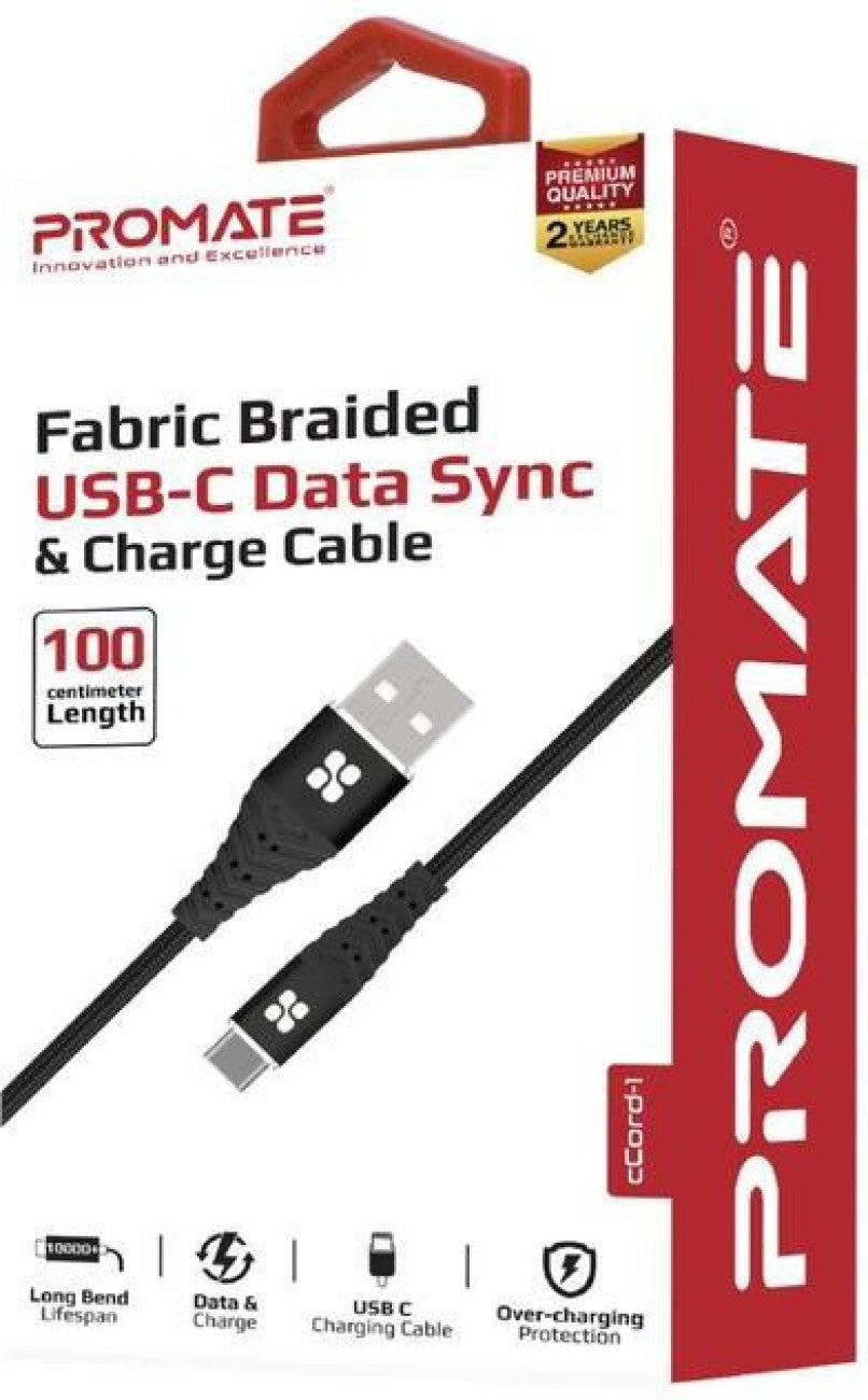 PROMATE Fabric Braided USB-C Data sync and charge cable - 3ala Za2wak